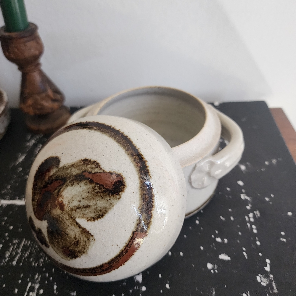 Vintage 70's Stoneware Glazed Artist Signed Dome Pot with Lid